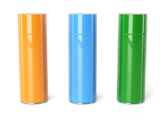 Aerosol spray cans mockup color options. 3d illustration set on white background