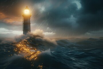 a lighthouse casting a guiding light over stormy seas, embodying steadfast leadership and direction , advertise photo