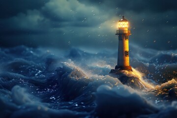 A 3D model of a lighthouse casting a guiding light over stormy seas, embodying steadfast leadership and direction , advertise photo - obrazy, fototapety, plakaty
