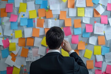 a person stands before a wall adorned with a multitude of notes and papers, creating an atmosphere of investigation and discovery.