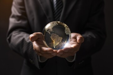 Close up of businessman holding digital globe in palms on dark background.