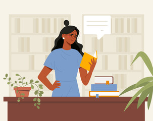 Woman reading in library. Young girl with textbook or fiction. Student with books indoors. Education and learning, training. Woman prepare for test or exam. Cartoon flat vector illustration