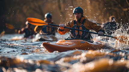 Challenging Rapids Expedition: Kayakers in Action - obrazy, fototapety, plakaty