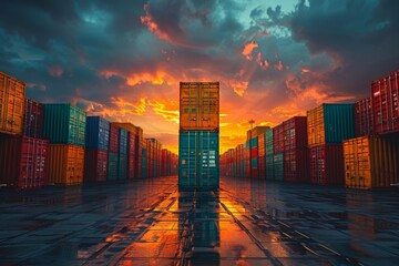 Towering multicolored cargo containers at freight yard during golden hour - obrazy, fototapety, plakaty
