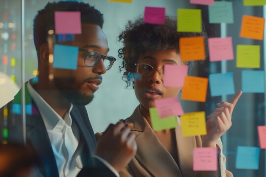 Young mixer race businesswoman manager explaining strategy ideas on sticky notes on glass wall to male African American colleague looking at strategy scrum presentation. Business project planning