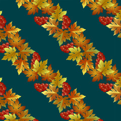 Autumn berries and leaves in a pattern.Vector seamless pattern with autumn leaves and red berries on a colored background.