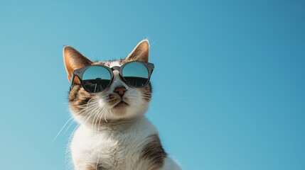 Orange cool tabby cat wearing sunglasses looking down on blue background, retro glamor - Powered by Adobe