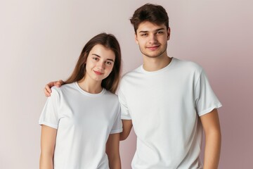 Fototapeta premium Young couple in t-shirts on white background. Mockup for design