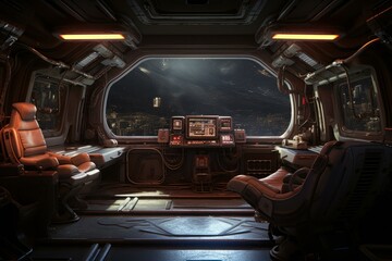 Compact Spaceship interior. Science dark future. Generate Ai