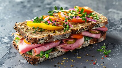 Danish dishes: Smerrebred sandwiches, a slice of bread, sauce, meat or fish base, vegetables, herbs, cheese, ham.  - obrazy, fototapety, plakaty