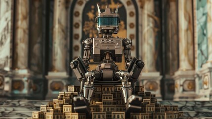 Fototapeta premium a robot sitting on a throne made of stacks of various currencies, symbolizing the wealth of technology , Hyper realistic