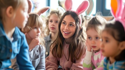 A group of young girls wearing bunny ears are sitting around a table, sharing Easter eggs and building art. The tableware on the shelf sets the scene for a fun and leisurely event in the room AIG42E