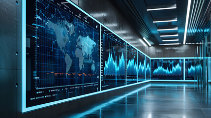 big data analytical center screens with graphs on the walls, generative ai