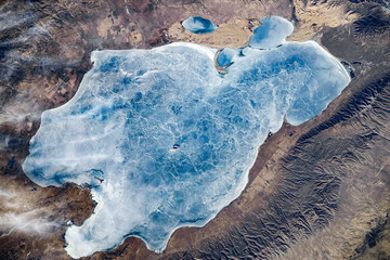Frozen Qinghai Lake, China. Digital enhancement of an image by NASA