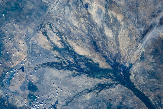 Land features in Botswana. Digital enhancement of an image by NASA