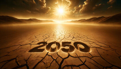 climate change- 2050 write on cracked earth 
