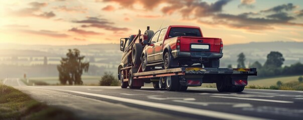 Evening traffic scene on a highway with a black SUV being transported on a tow truck, highlighting transportation services