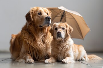 Cute cat and dog sitting under umbrella.