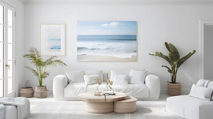 A serene seascape photograph displayed in a coastal beach house, echoing the tranquility of the ocean. - obrazy, fototapety, plakaty