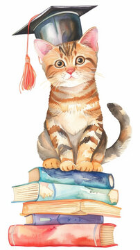 Watercolor illustration of cat with graduation cap - Charming watercolor of a cat perched on an array of colorful books wearing a symbolic graduation cap