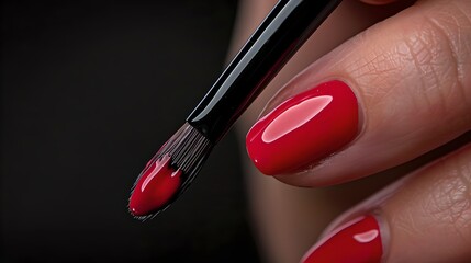 Obraz premium Close-up of a fresh manicure process, shiny red nail polish being applied with precision. Beauty routine in action. Perfect nails design. AI