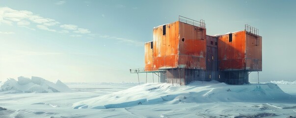 A futuristic conception of an Antarctic research facility against a backdrop of ice and mountains