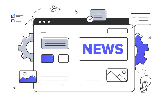 News webpage linear. Website with newspapers and information. Mass media article with pictures. Knowledges on internet. Doodle flat vector illustration isolated on white background