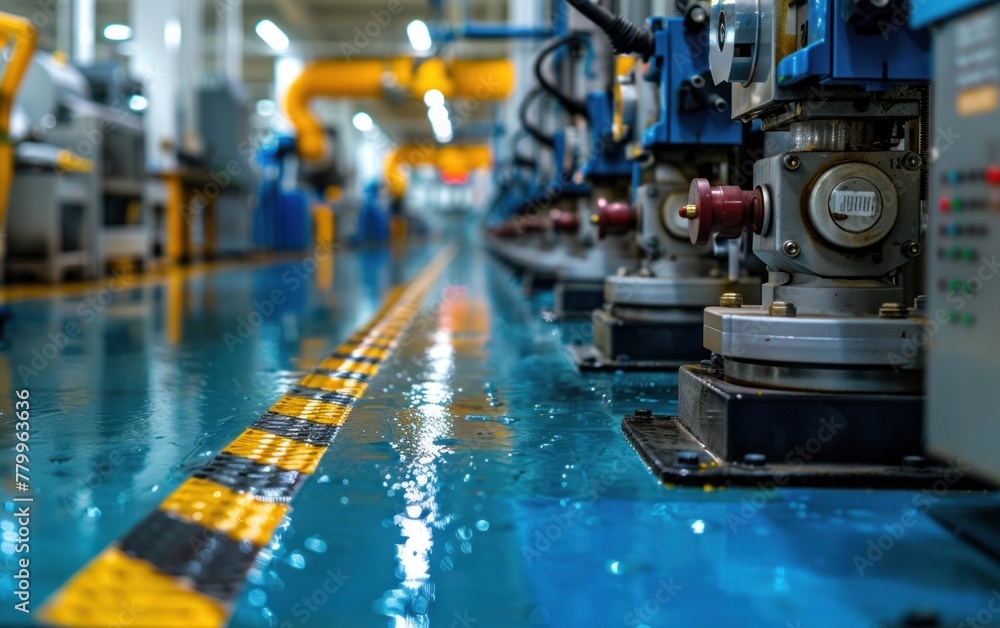Poster blue and yellow factory floor with a line of machines in operation