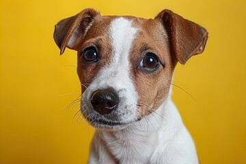Cute young frightened brown and white dog peeking out against a bright yellow background 
