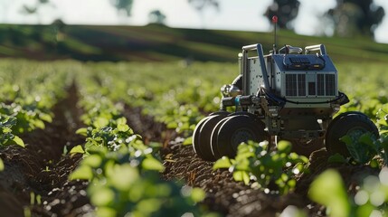 A robotic weeding system, demonstrating the technology's ability to improve crop yields and reduce labor costs, - obrazy, fototapety, plakaty