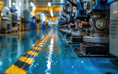 Blue and yellow factory floor with a line of machines in operation