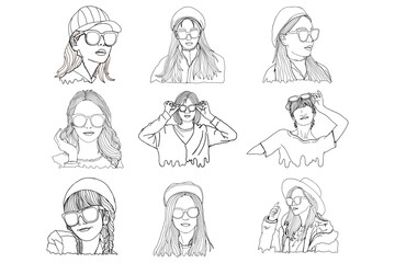 Set Of Summer Theme Woman Wearing Sunglasses Line Art Vector