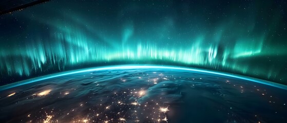 Cosmic Symphony: Aurora's Dance Over Earth. Concept Aurora Borealis, Space Photography, Northern Lights, Earth's Atmosphere, Ethereal Beauty - obrazy, fototapety, plakaty