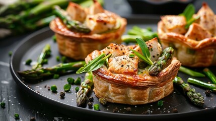Danish dishes: Tartlets with chicken fillet and asparagus.  - obrazy, fototapety, plakaty