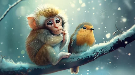 Poster an endearing cartoon illustration of a playful monkey seated on a snowy branch, accompanied by a chirpy sparrow, evoking a whimsical winter scene filled with warmth and charm. © Aqsa
