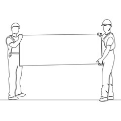 Continuous line one single drawing Two workers are standing and holding big long billboard icon vector illustration concept