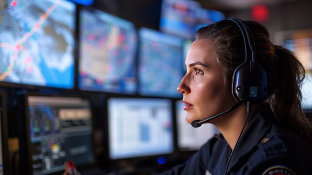 call dispatcher emergency services speaking into their headset and with tracking maps on the screens 