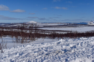 Aerial sunny winter view of Kiruna and Kirunavaara, Lapland, Norrbotten County, Sweden,