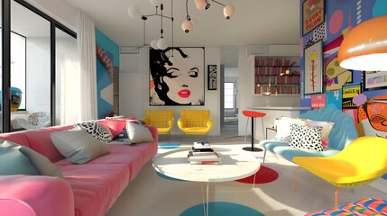 A pop art-inspired collage featuring bold colors and iconic imagery, adding a playful touch to a...