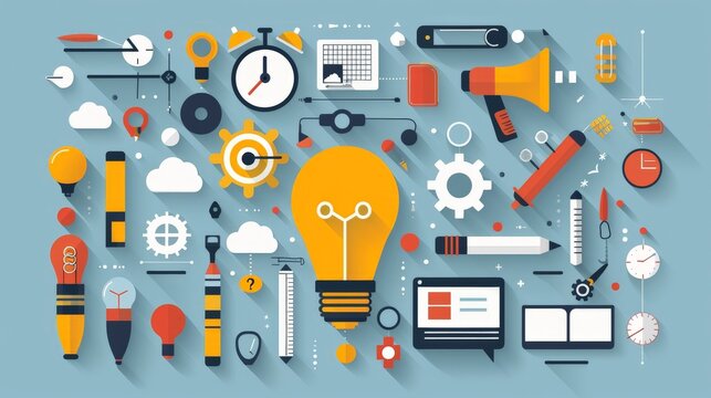 illustration represents concept of design thinking, of ideas with light bulb, clock, tools, gears, diagrams