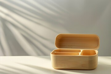 Elegant bamboo lunch box on a table with artistic shadow patterns