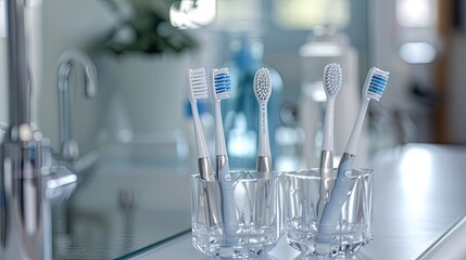 Modern dental care: Closeup of electric toothbrushes in glass holder indoors, combining functionality and style for optimal oral hygiene. Space for text - obrazy, fototapety, plakaty
