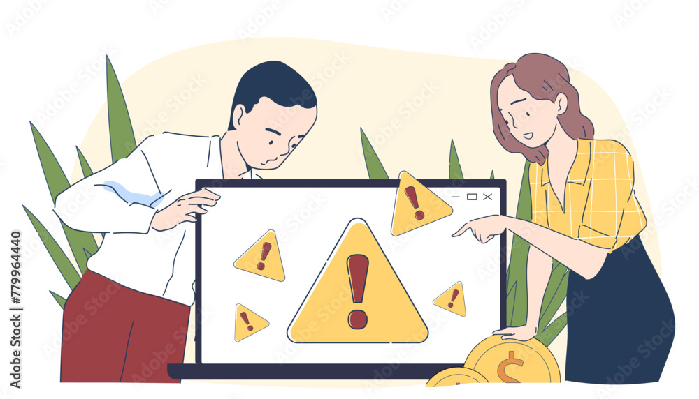 Aufkleber operating system error people simple. man and woman near laptop with yellow triangles and exclamatio
