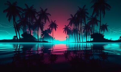 Neon seashore with palm trees and lightning background. Night purple island with ocean waves and reflection of trees and pink sunset path