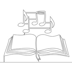 Continuous one single line drawing of book with music note. Music note out from opened book icon vector illustration concept