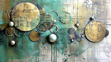 Fototapeta na wymiar Grunge metal texture bubbles, sage blue, wallpaper, background