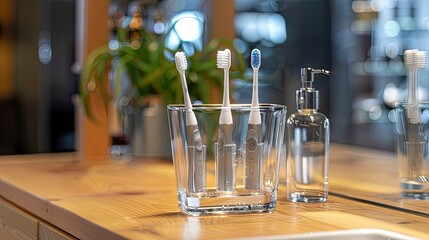 Modern dental care: Closeup of electric toothbrushes in glass holder indoors, combining functionality and style for optimal oral hygiene. Space for text - 779964444
