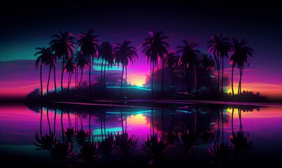 Futuristic synthwave coast with palm with neon glow sky background. Dark 80s island with ocean waves and reflection of trees and purple sunrise path