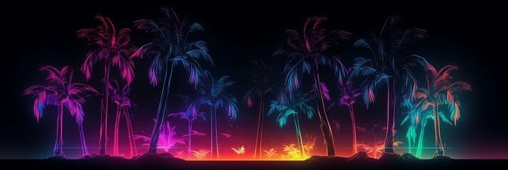 Neon grove of glowing palm trees. Tropical silhouettes of purple trees in retro synthwave style night synthpop party