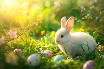 A happy white rabbit is resting among colorful Easter eggs in a beautiful natural landscape filled...